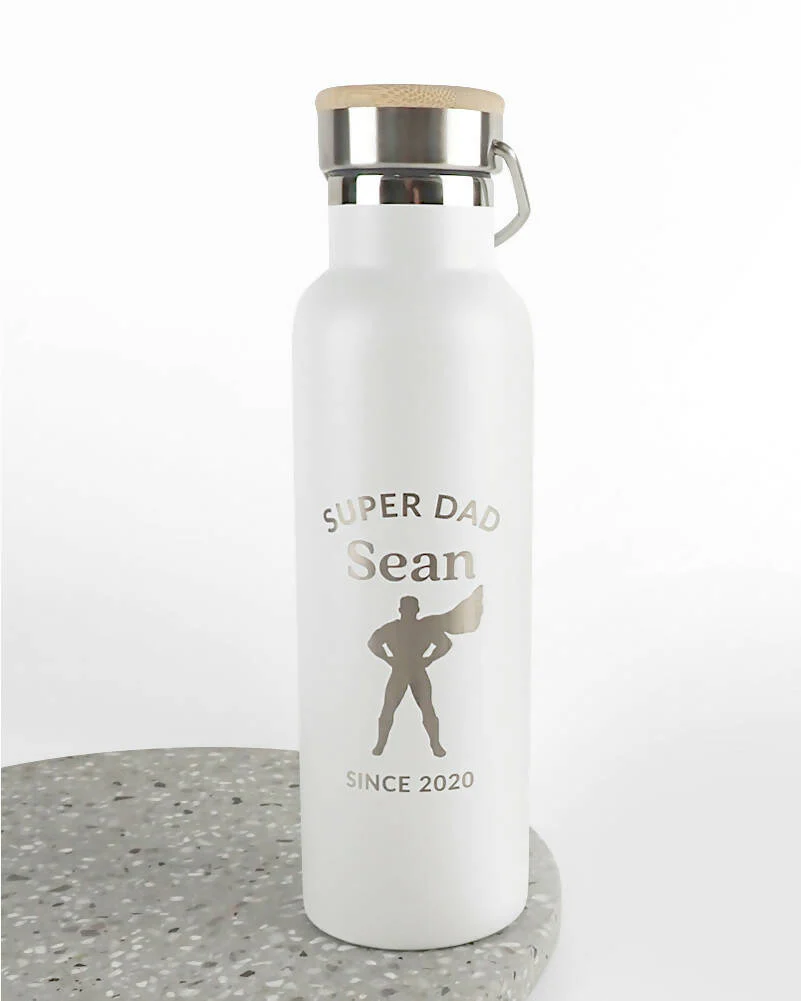 Super Dad White Personalised Engraved 650ml Wooden Lid Water Bottle - Image 2