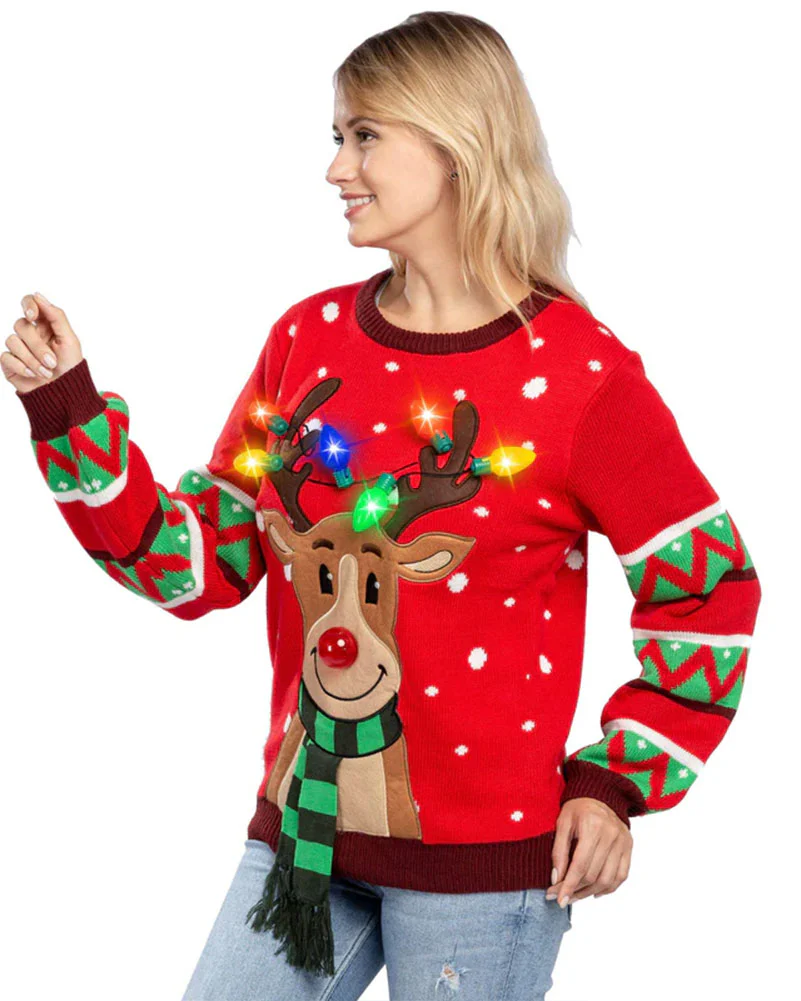 Ugly Reindeer with Light Bulbs Deluxe Adult Christmas Sweater - Image 2
