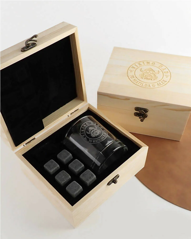 Viking Dad Personalised Engraved Light Wooden Box Scotch Glass and Stone Set - Image 2