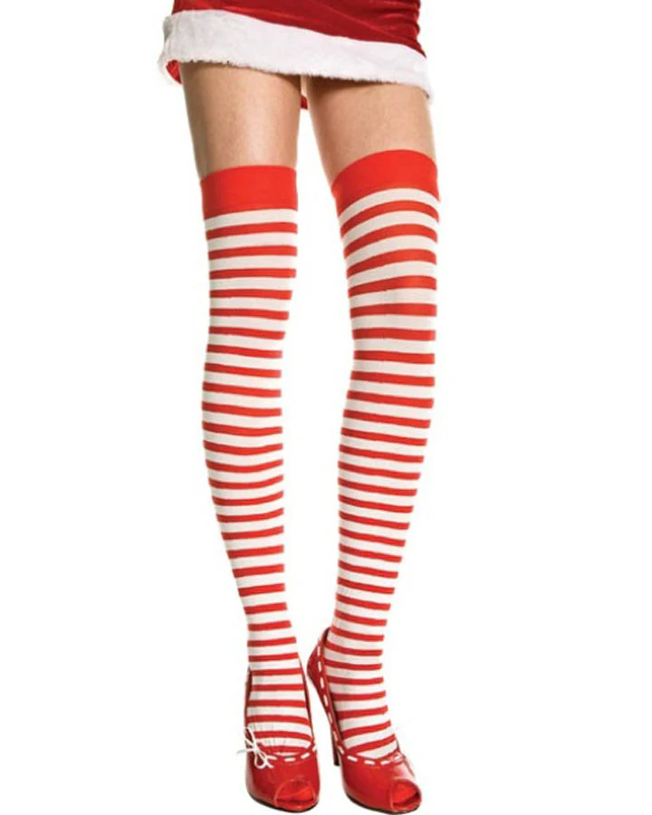 White and Red Opaque Striped Thigh High Stockings